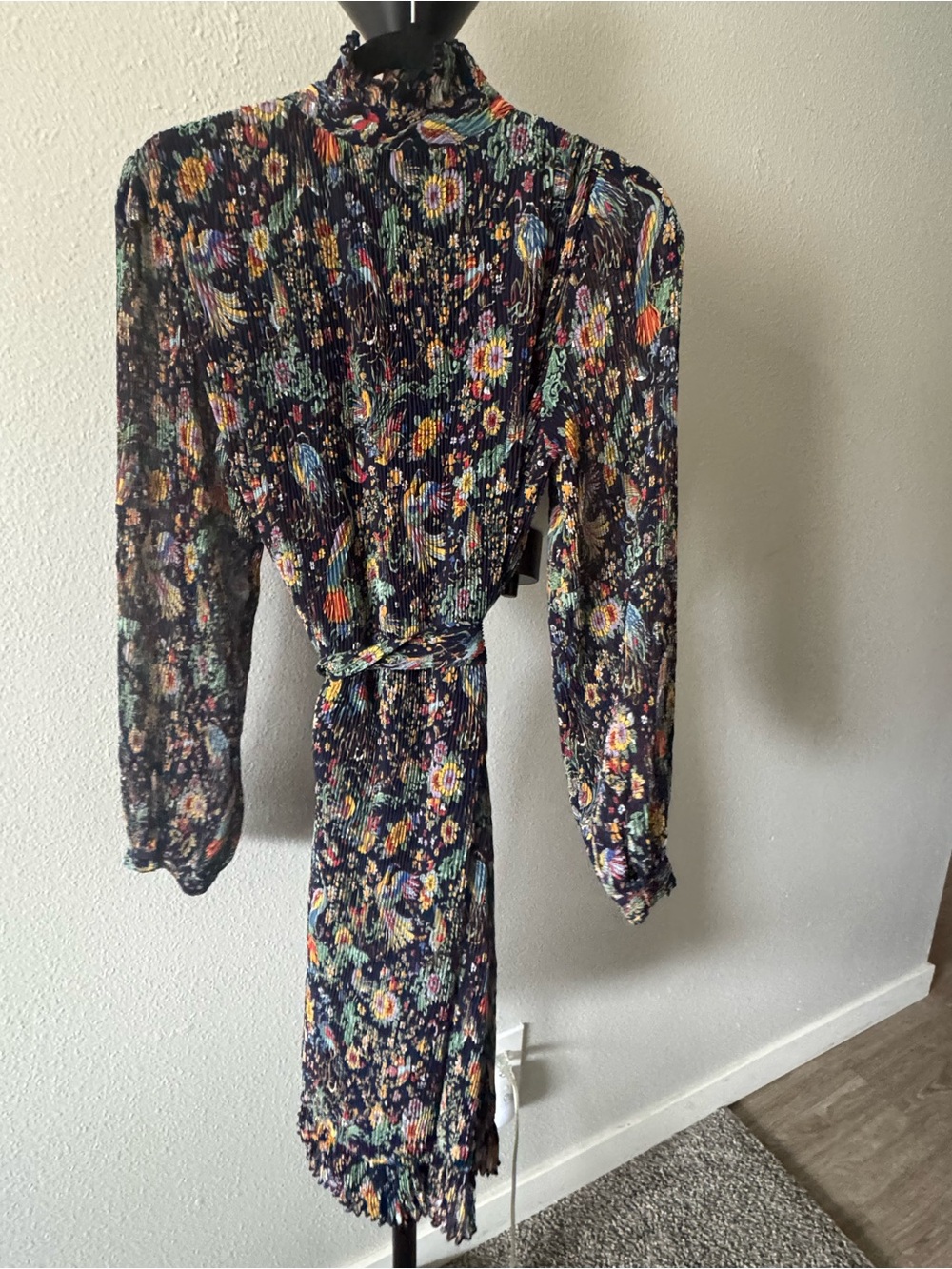 Tory Burch Black Multi Floral Long-Sleeve High Neck Dress